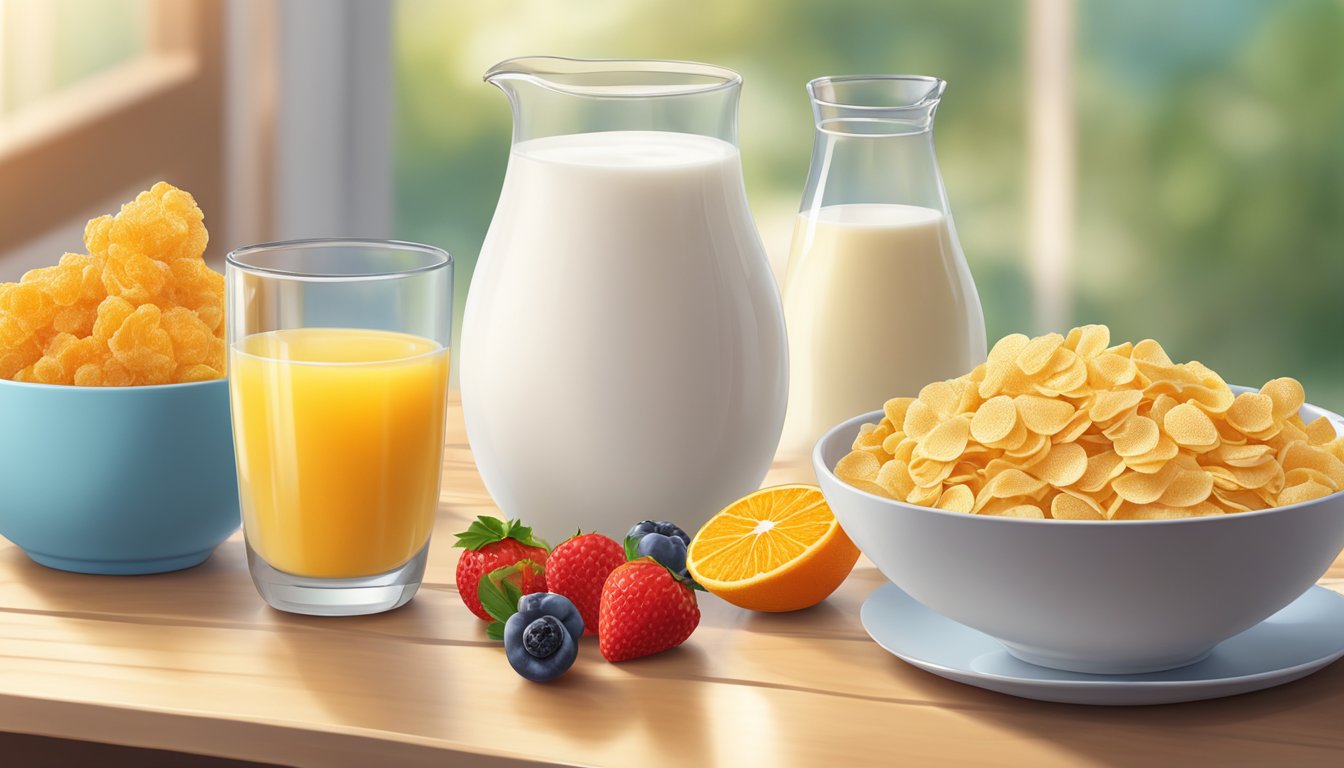 A bowl of Kellogg's Corn Flakes overflowing with milk, surrounded by a variety of fresh fruits and a glass of orange juice on a breakfast table