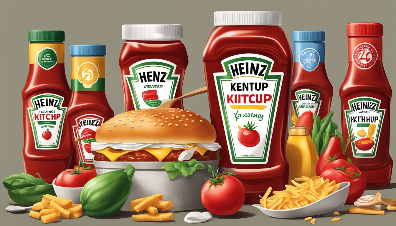 A bottle of Heinz ketchup surrounded by various foods, with a caution sign and a measuring spoon nearby