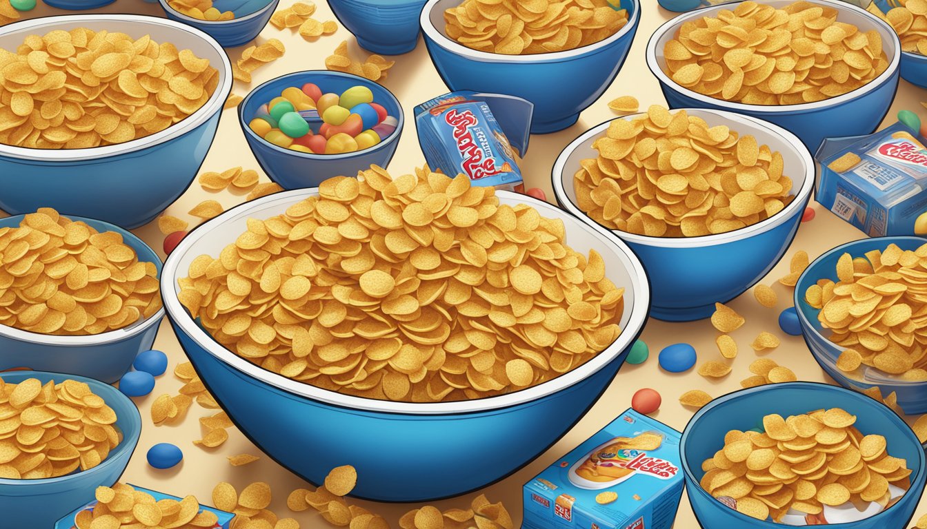 A bowl overflowing with Kellogg's Corn Flakes, surrounded by empty cereal boxes