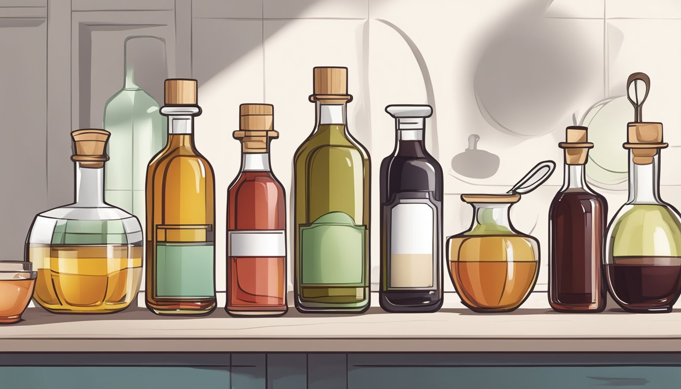 A collection of various vinegars lined up on a kitchen counter, including red wine vinegar, with measuring spoons and a small bowl nearby