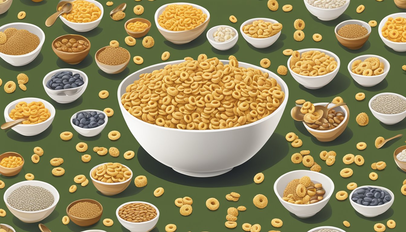 A bowl of Cheerios overflowing with cereal, surrounded by empty bowls and spoons