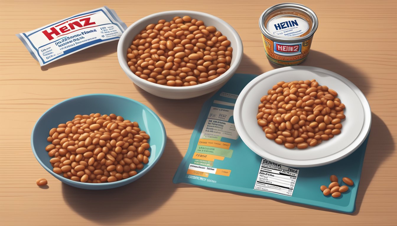 A plate piled high with Heinz Baked Beans, a measuring cup overflowing with beans, and a nutrition label with the daily recommended intake highlighted