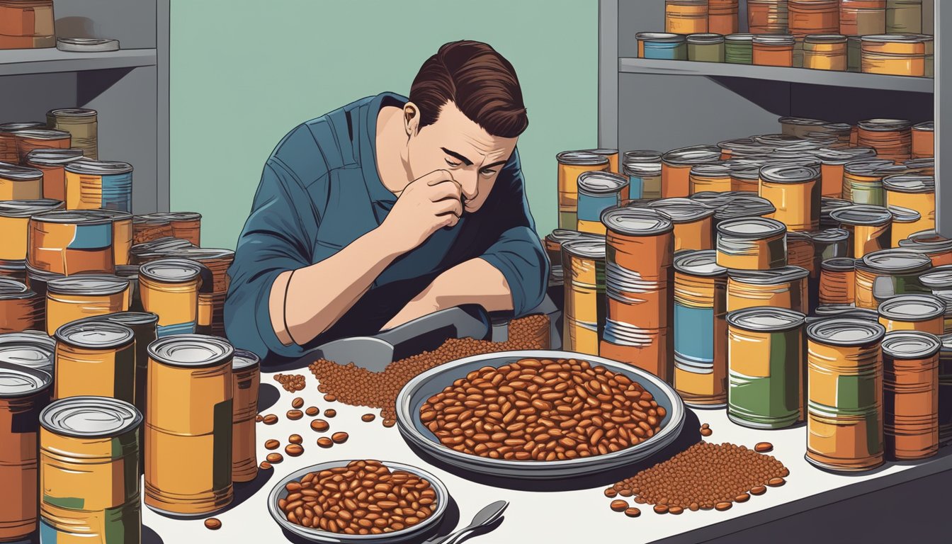 A person eating a large plate of baked beans, with a concerned expression and a pile of empty cans nearby