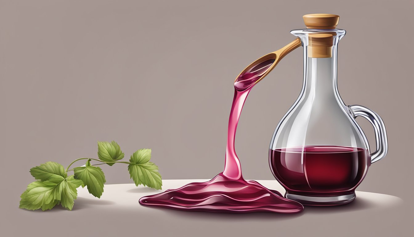 A bottle of red wine vinegar pouring into a measuring spoon