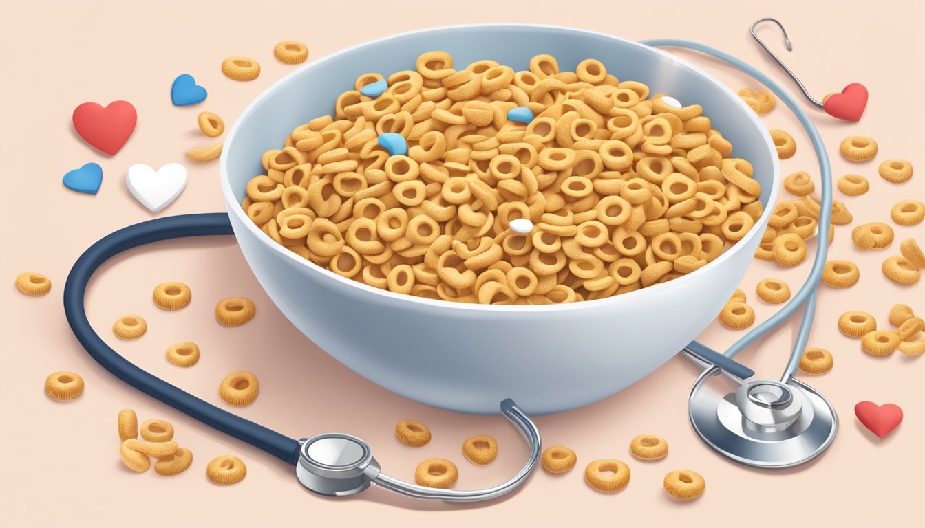 A bowl overflowing with Cheerios, surrounded by heart-healthy symbols like hearts and stethoscopes