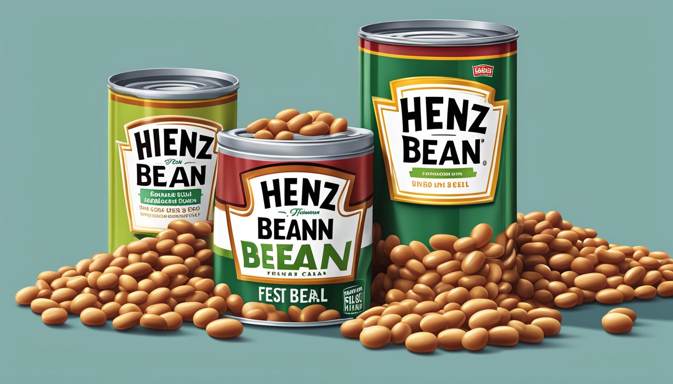 A towering stack of Heinz baked bean cans, some spilling out, with a measuring cup overflowing with beans