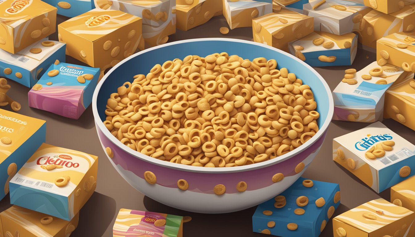 A bowl overflowing with Cheerios, surrounded by empty boxes