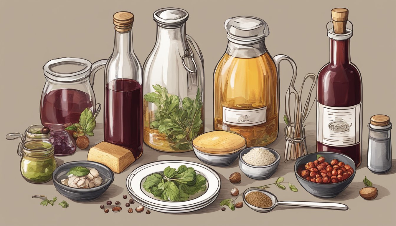 A bottle of red wine vinegar with a measuring spoon next to it, surrounded by various dishes and ingredients