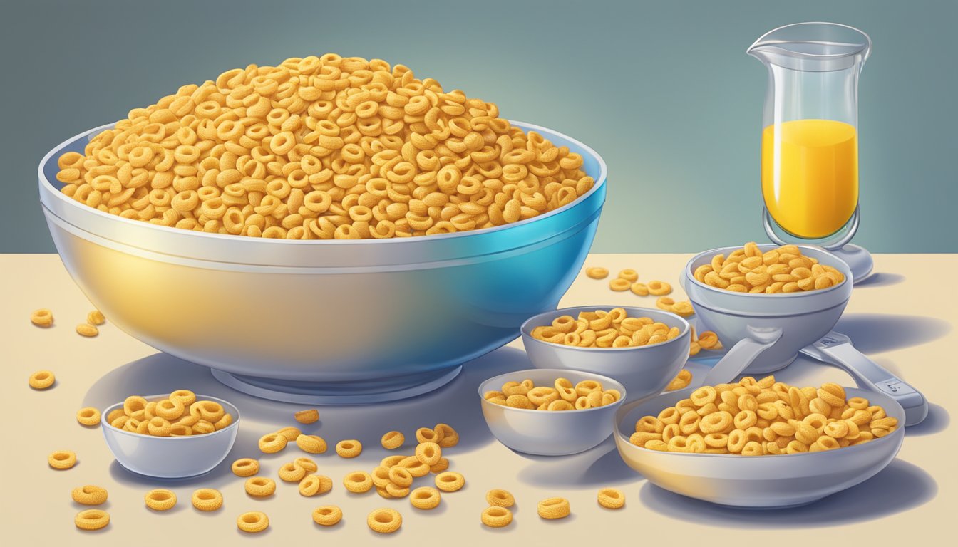 A bowl of Cheerios overflowing with cereal, surrounded by measuring cups and a scale