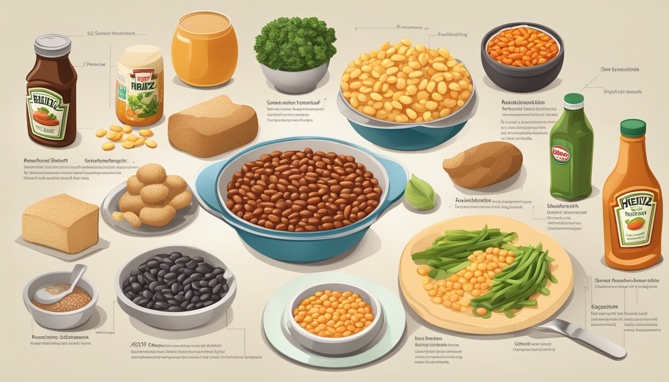 A table with a variety of foods, including a large bowl of Heinz baked beans, surrounded by nutritional charts and health guidelines