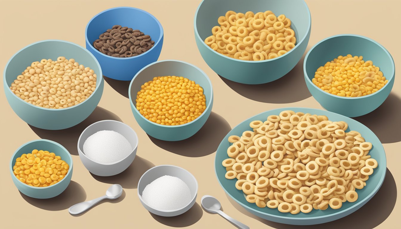 A table with various Cheerios varieties in bowls, a measuring cup, and a nutrition label