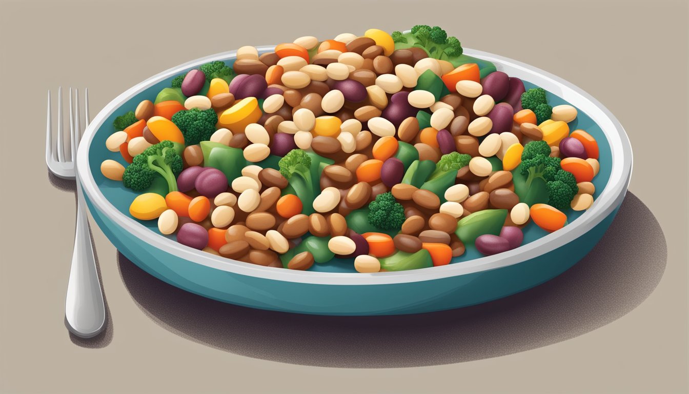 A colorful plate with a balanced mix of beans, vegetables, and grains, showcasing a healthy diet with a moderate portion of Heinz baked beans