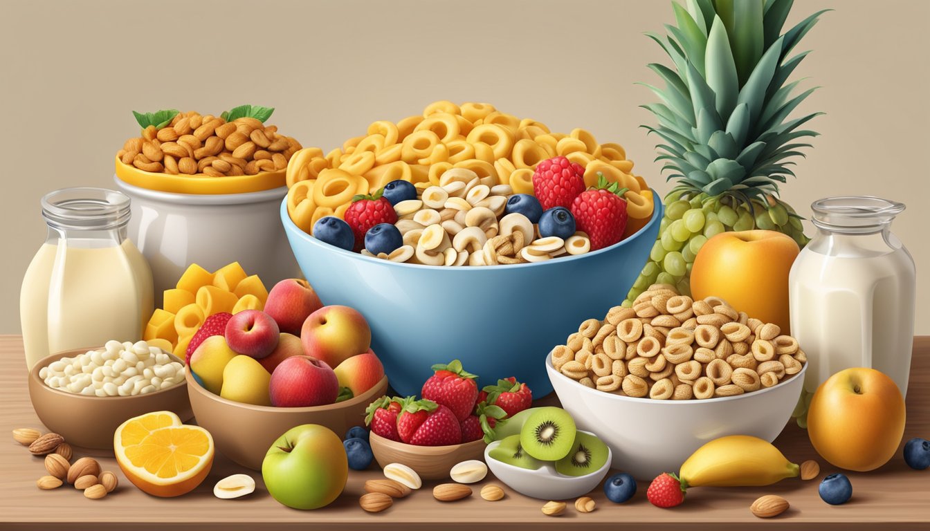 A bowl of Cheerios surrounded by a variety of fruits, nuts, and dairy products on a kitchen table