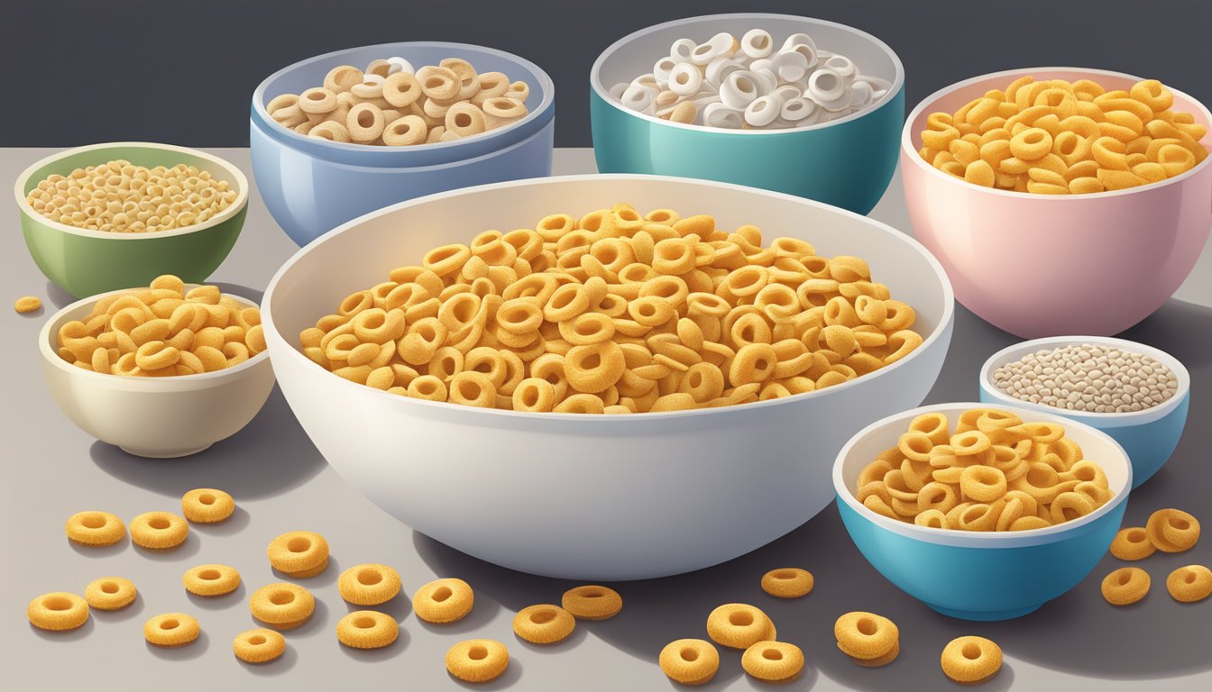 A bowl of Cheerios overflowing with cereal, surrounded by multiple empty bowls, spoons, and a measuring cup