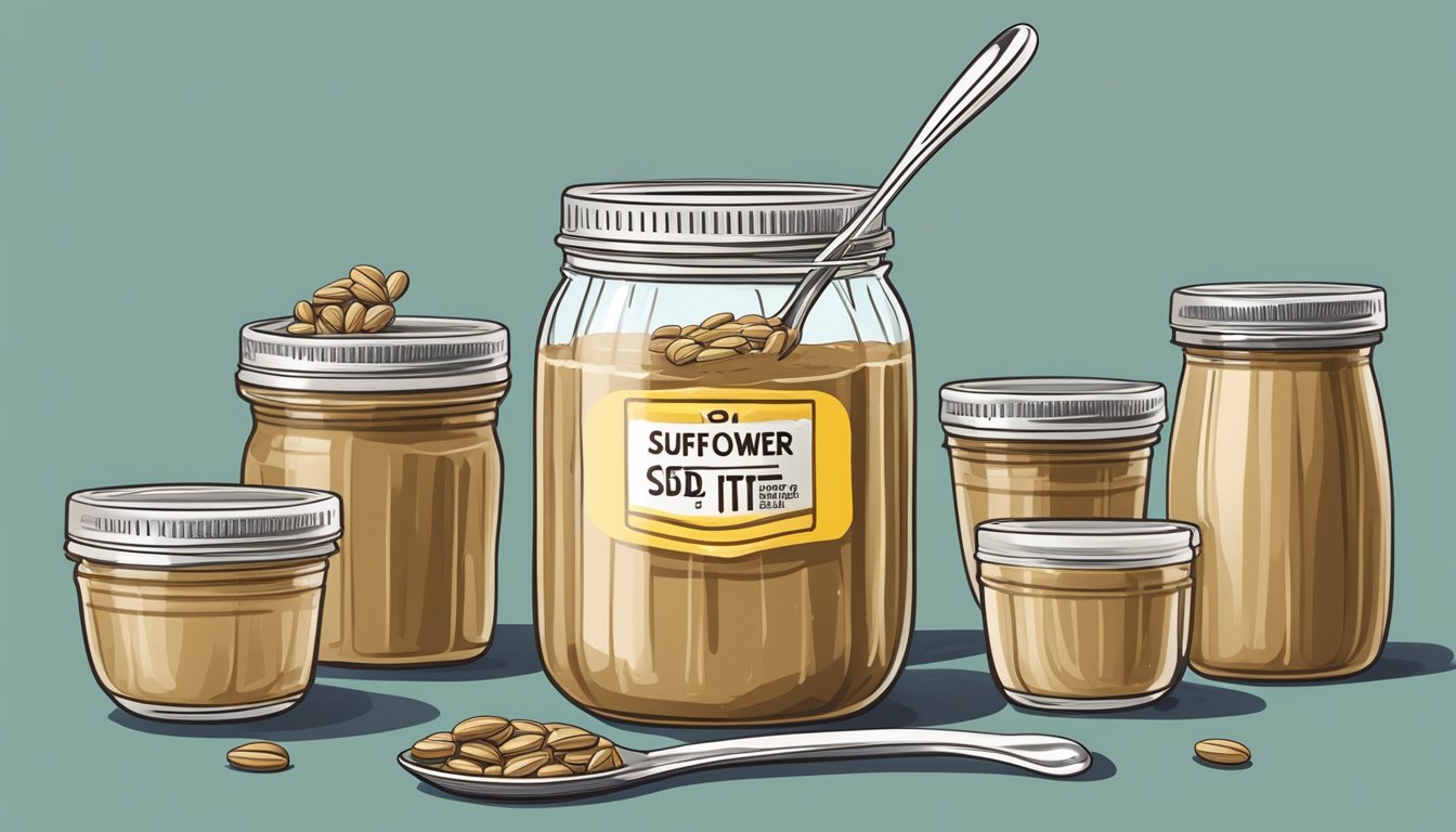 A jar of sunflower seed butter surrounded by empty cups, with a measuring spoon and a concerned expression on a faceless figure