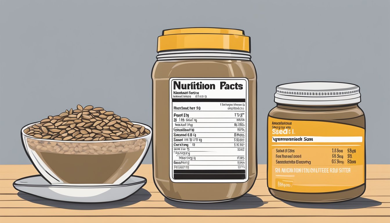 A table with multiple jars of sunflower seed butter, a measuring cup, and a nutrition label with the recommended serving size highlighted