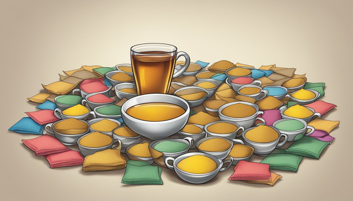 A table with multiple cups of Lipton tea, some empty and some full, surrounded by a pile of used tea bags