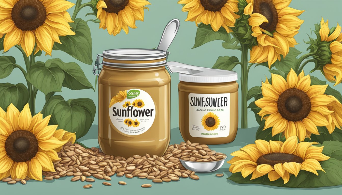 A jar of sunflower seed butter surrounded by sunflowers and a measuring cup