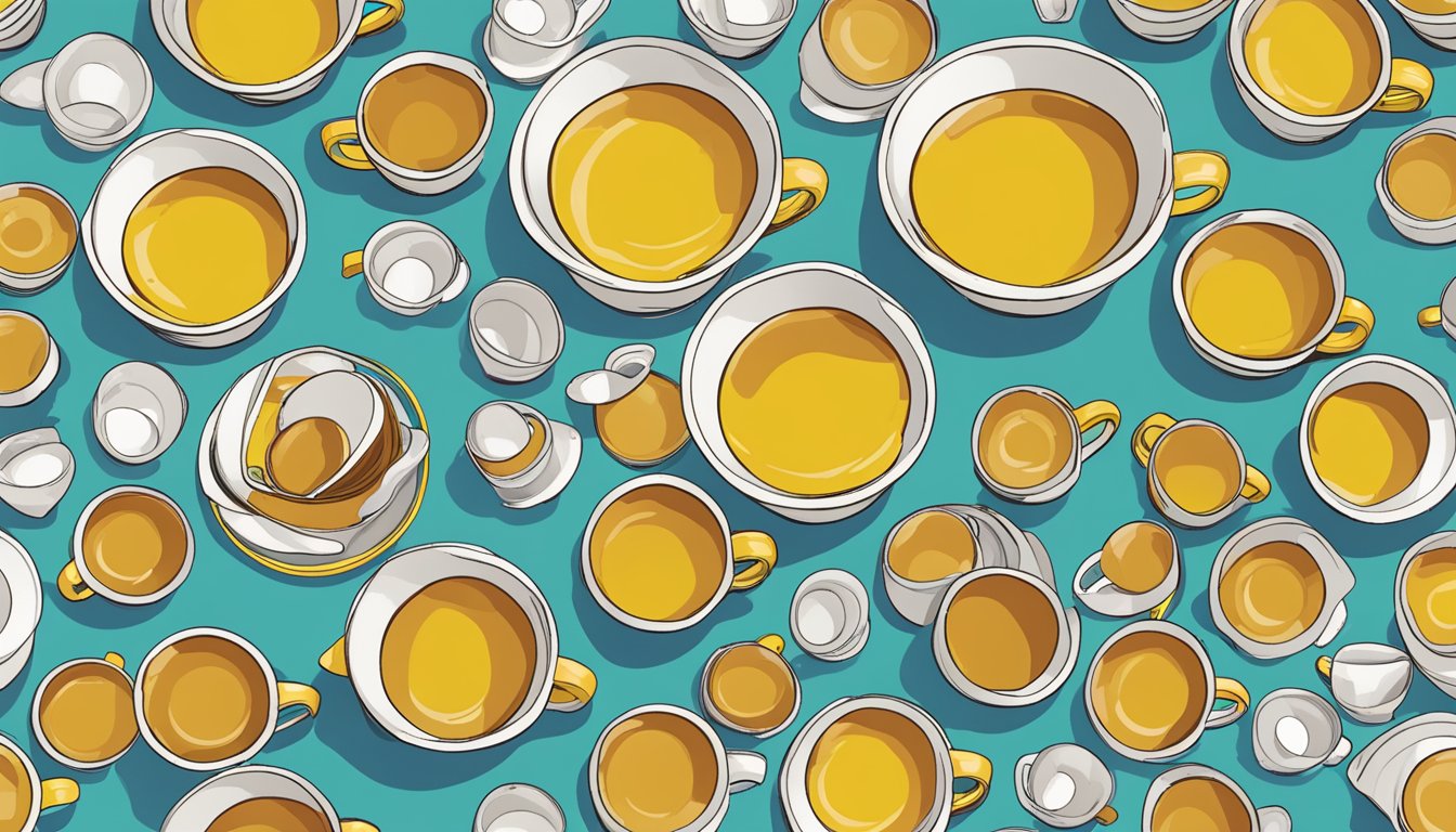 A table with multiple empty Lipton tea cups scattered around, some spilling over, indicating overconsumption