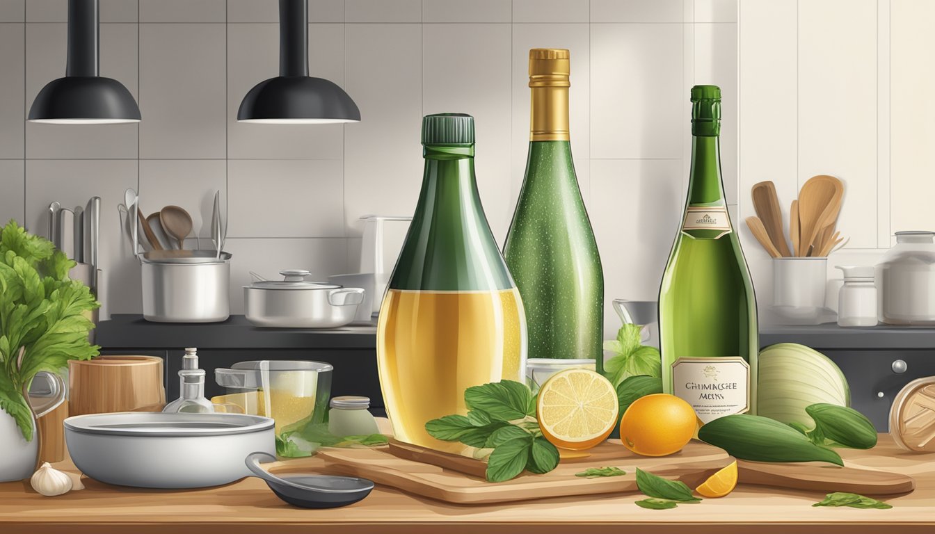 A bottle of champagne vinegar sits on a kitchen counter, surrounded by various cooking ingredients and utensils