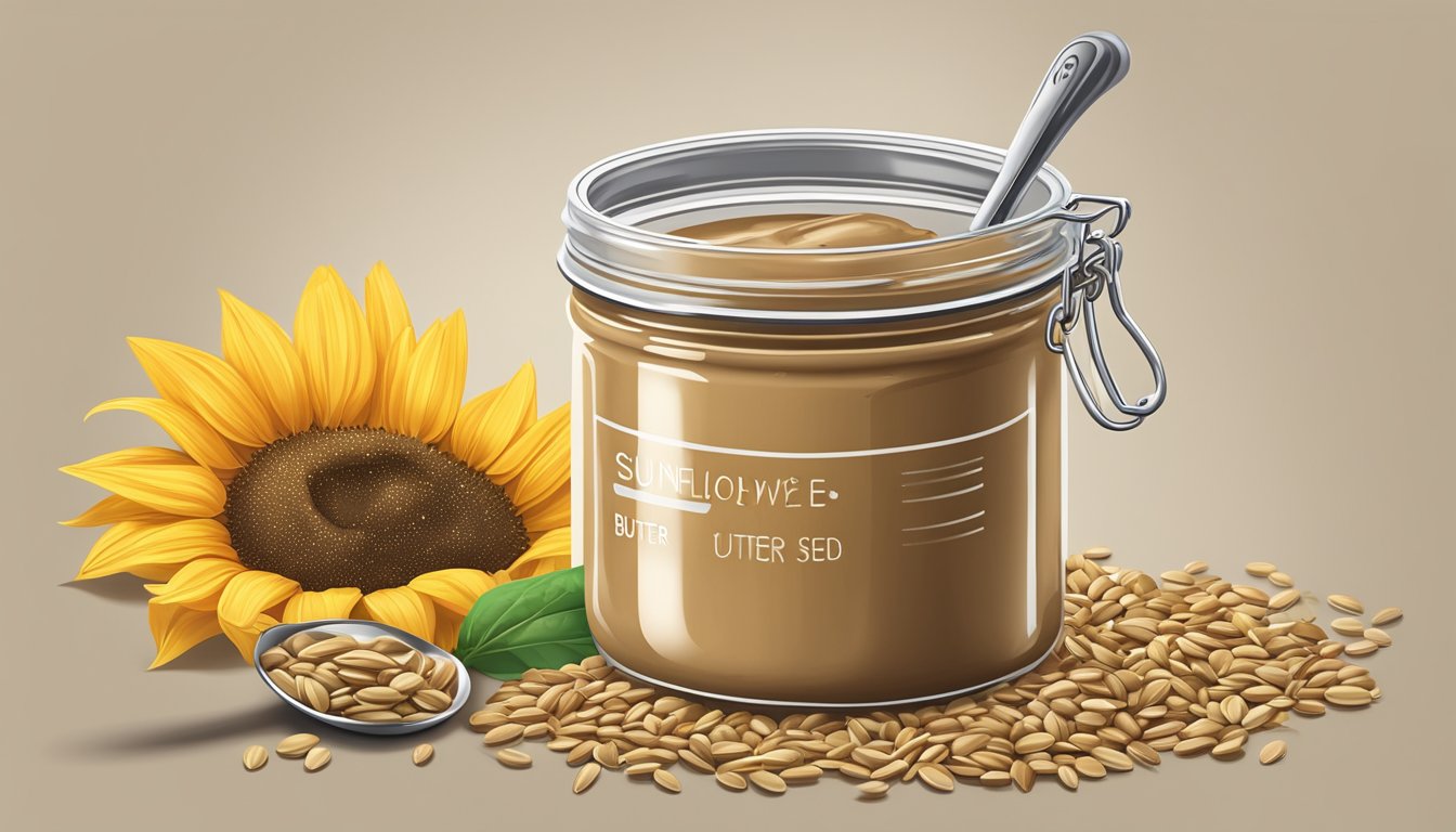 A jar of sunflower seed butter with a measuring spoon next to it, surrounded by scattered sunflower seeds