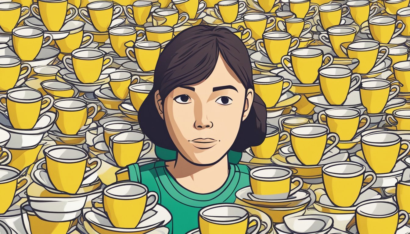 A person surrounded by empty Lipton tea cups, with a concerned expression on their face, indicating overconsumption