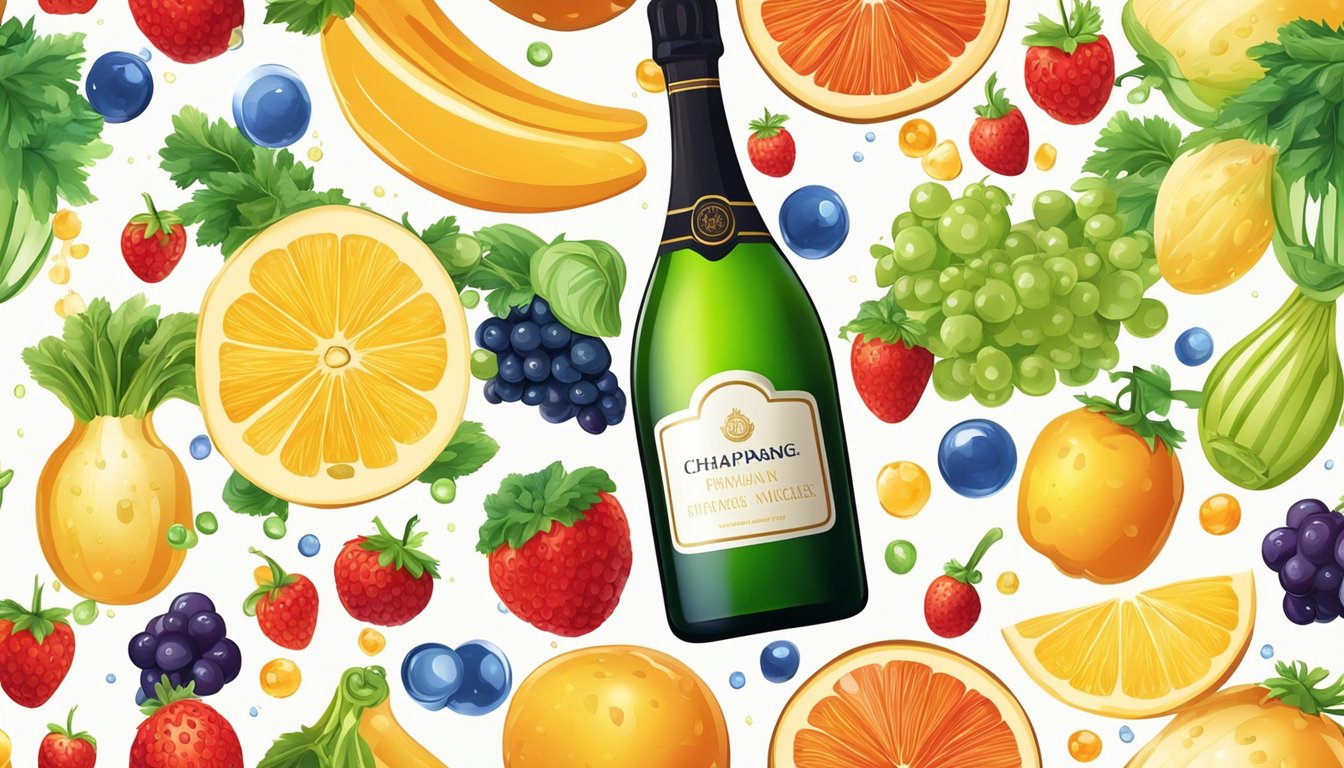 A bottle of champagne vinegar overflowing with droplets, surrounded by an array of colorful fruits and vegetables