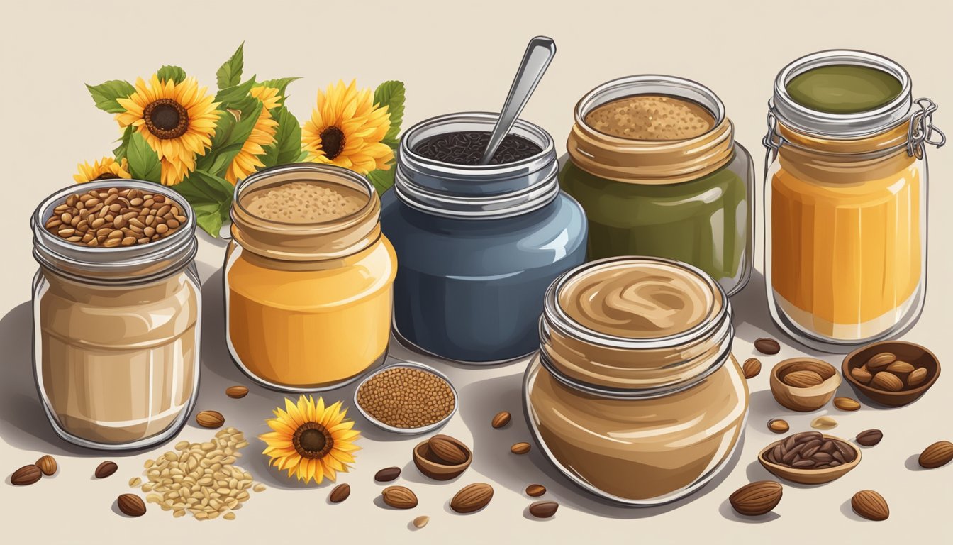 A table with various jars of sunflower seed butter, surrounded by different types of seeds and nuts