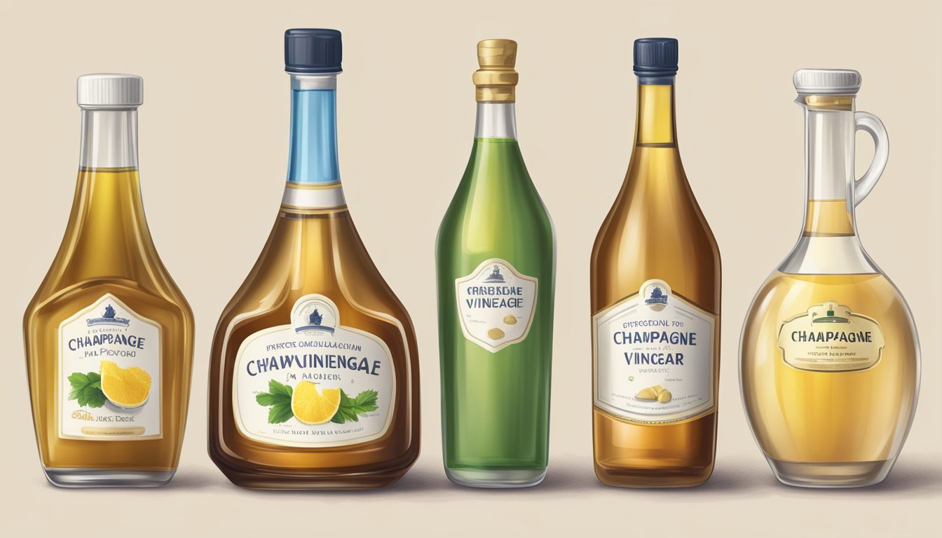 A bottle of champagne vinegar stands next to other types of vinegar, with a measuring spoon nearby