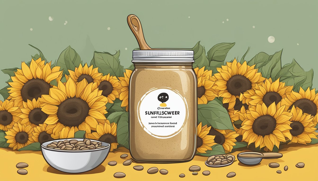 A jar of sunflower seed butter surrounded by sunflowers and seeds. A measuring cup next to it with a question mark above