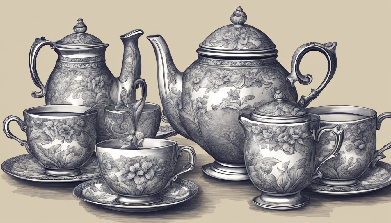 A table with multiple empty tea cups and overflowing teapot