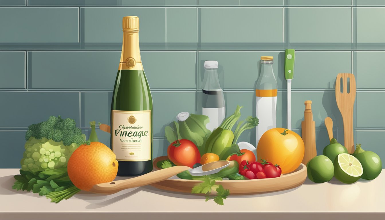 A bottle of champagne vinegar with a measuring spoon next to it, surrounded by various fruits and vegetables on a kitchen counter