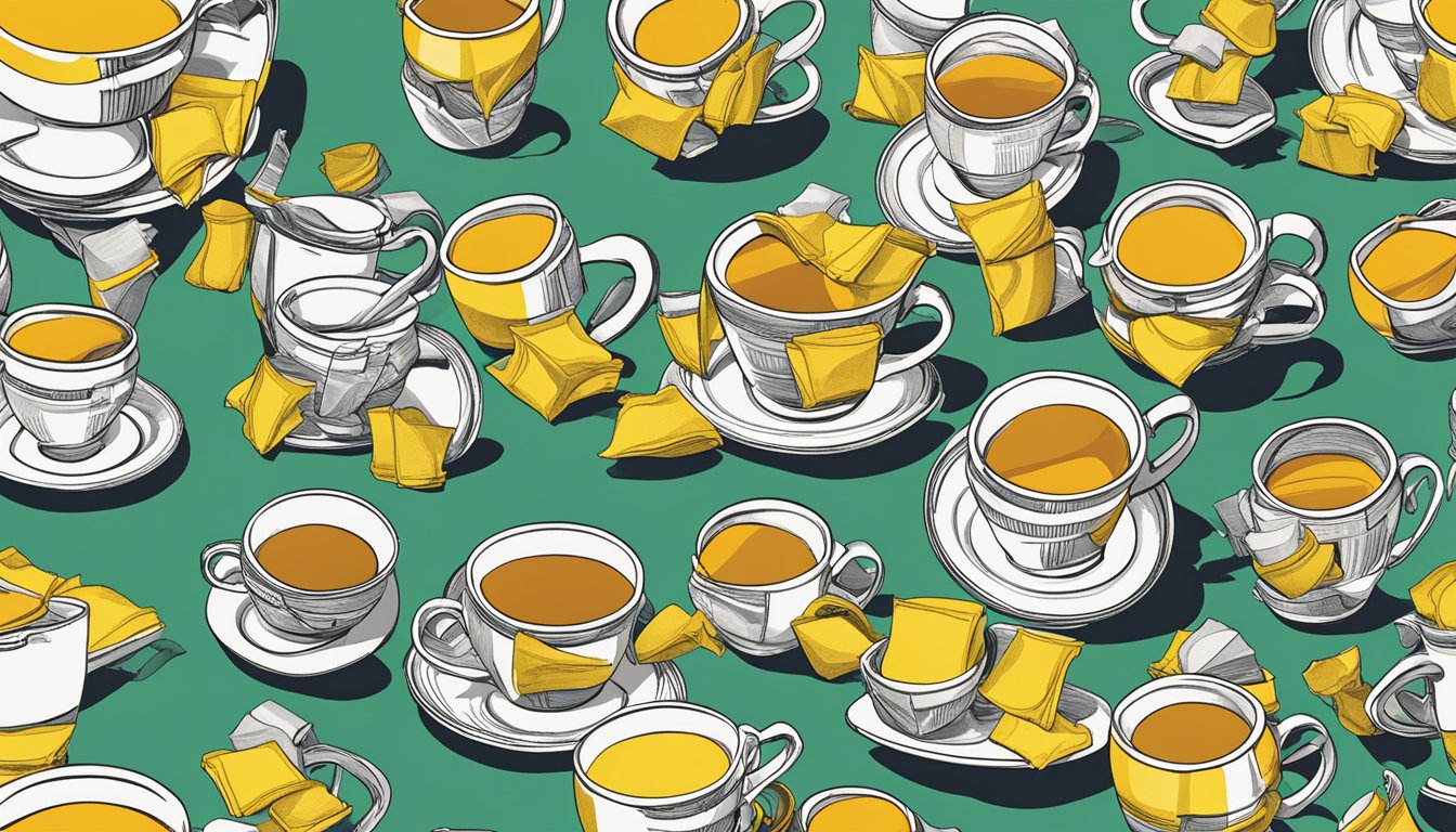 A cluttered table with multiple empty Lipton Tea mugs stacked up and scattered tea bags