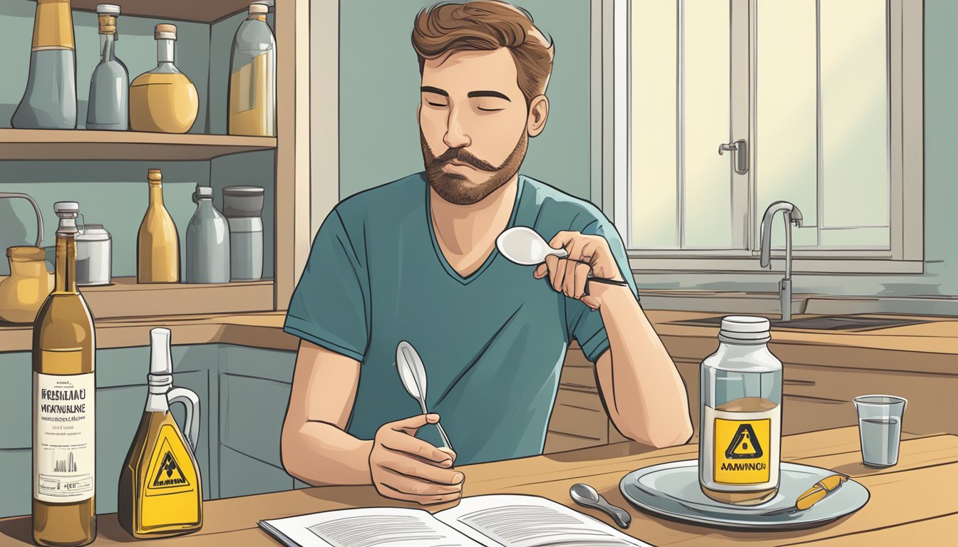 A bottle of champagne vinegar sits next to a measuring spoon and a warning sign. A person looks concerned while reading a safety manual