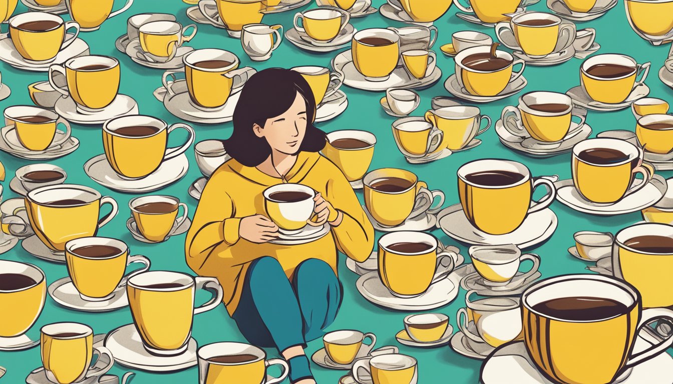 A person drinking multiple cups of Lipton tea in a day, surrounded by empty tea cups