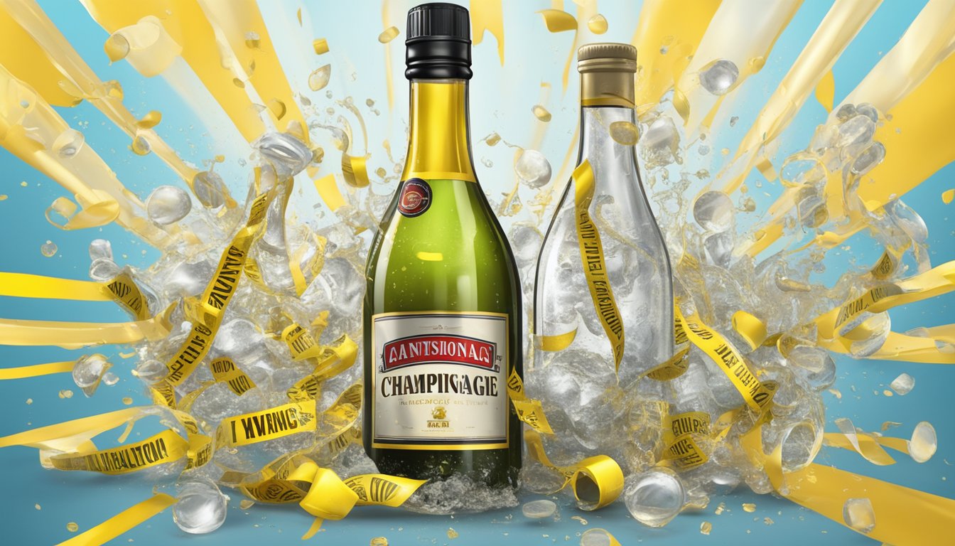 A bottle of champagne vinegar overflowing with liquid, surrounded by warning signs and caution tape