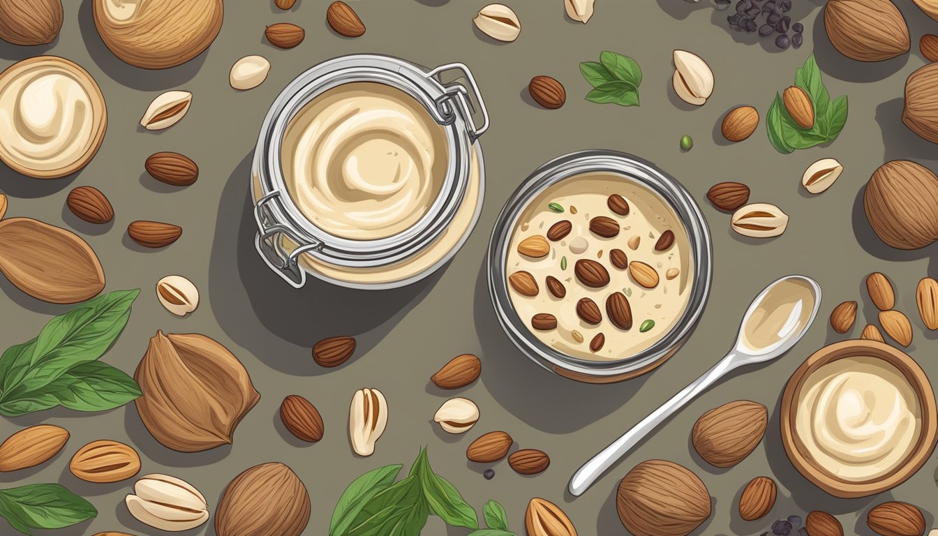 A jar of tahini with a spoonful on a plate, surrounded by various nuts and seeds