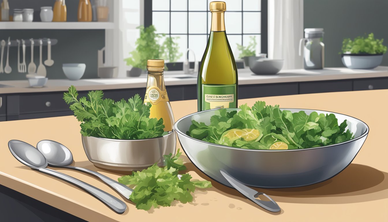 A bottle of champagne vinegar sits on a kitchen counter next to a measuring spoon and a salad bowl filled with fresh greens