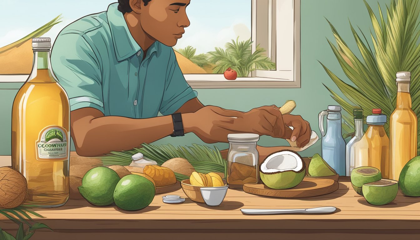 A table with various food items, including a bottle of coconut vinegar. A person pondering while looking at the bottle