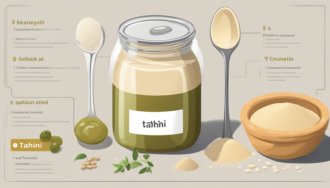 A jar of tahini surrounded by various ingredients like sesame seeds, olive oil, and a spoon. A nutrition chart showing recommended daily intake