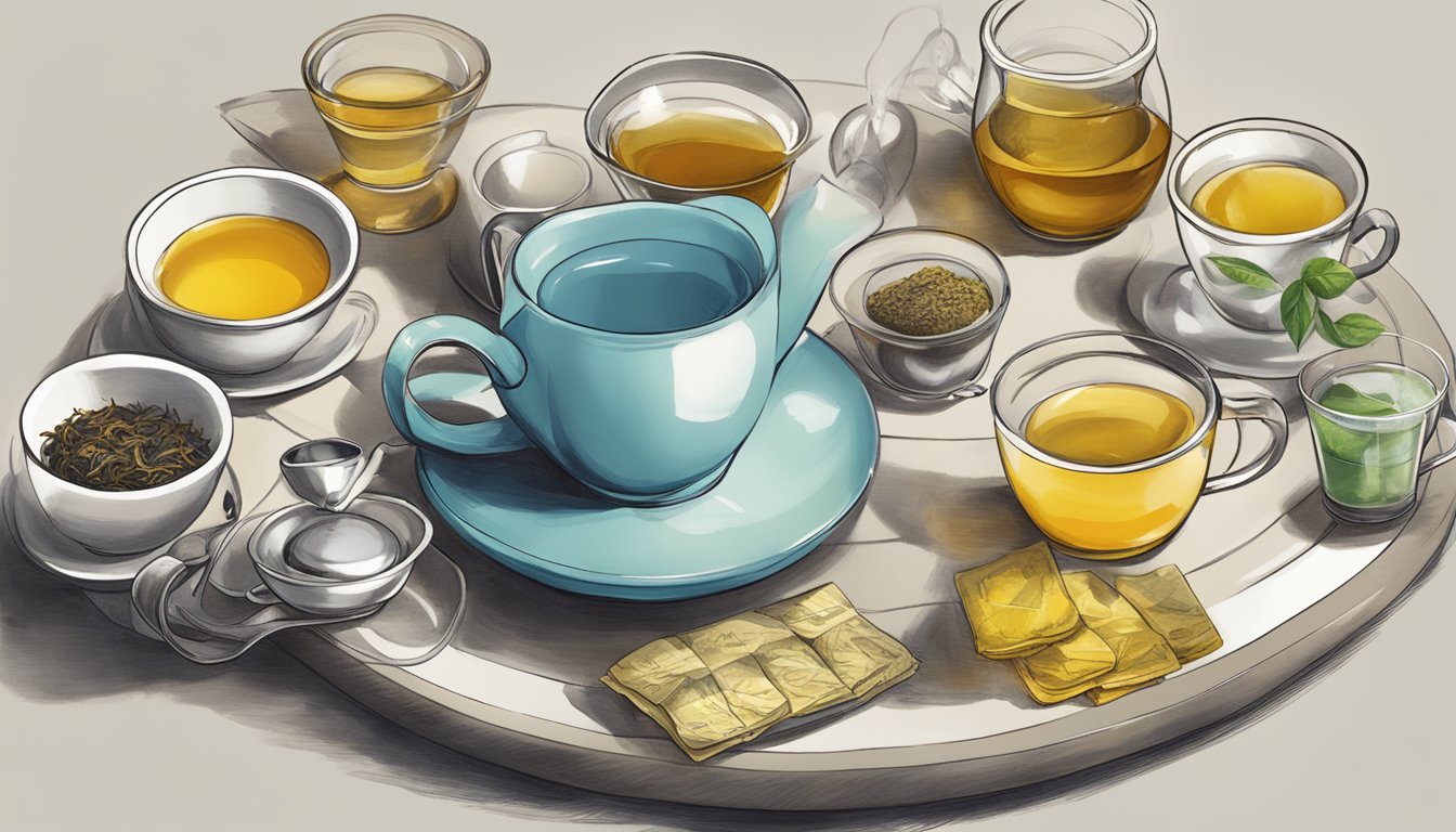 A table with various types of tea, including Lipton, and a measuring cup indicating excessive consumption