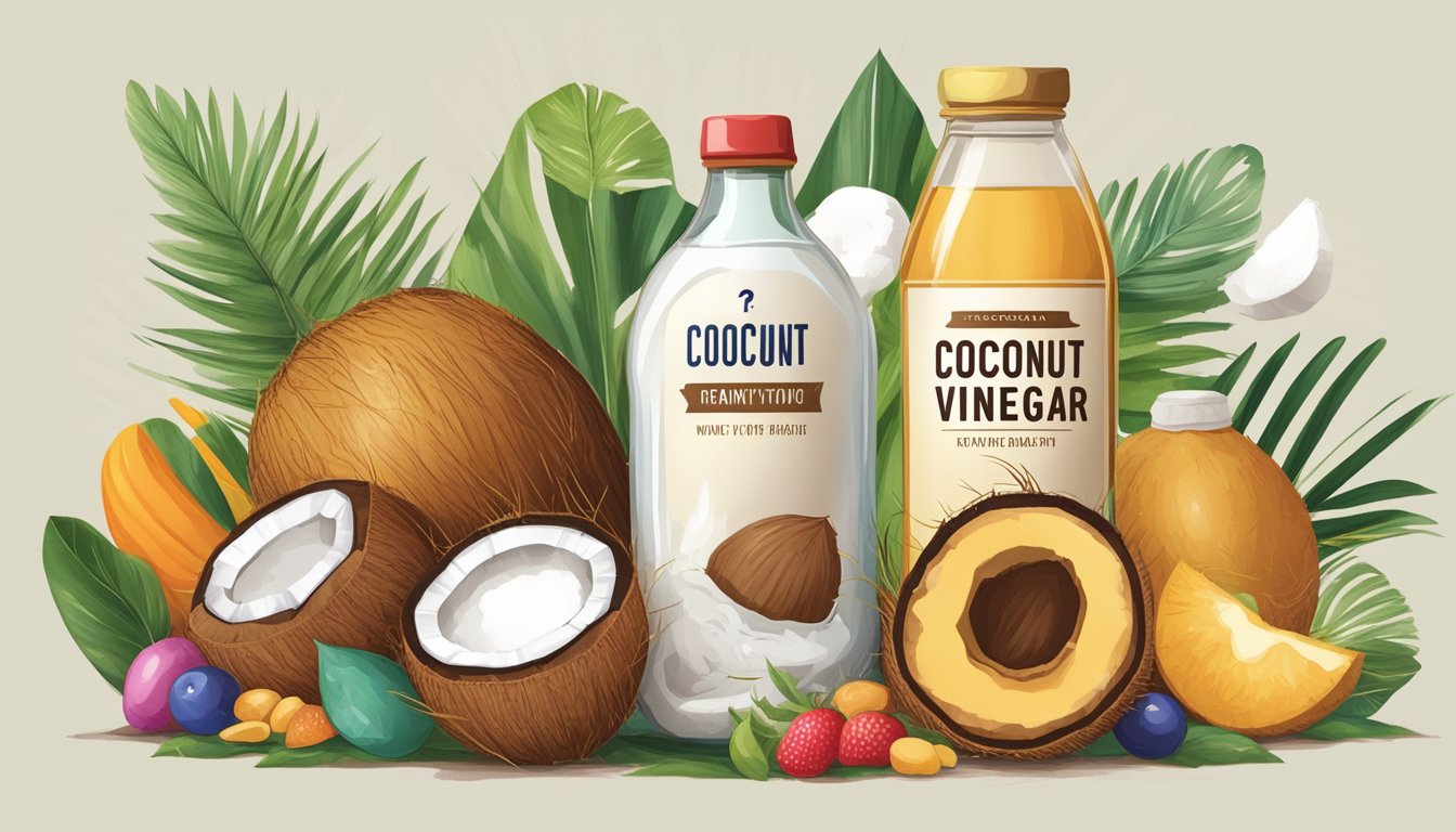 A bottle of coconut vinegar surrounded by various food items, with a question mark hovering above it