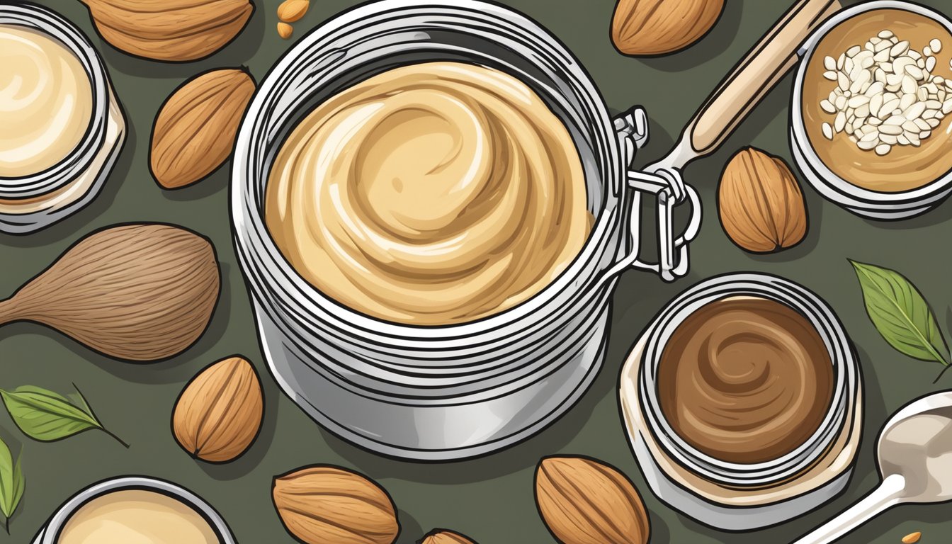 A jar of tahini surrounded by various other nut and seed butters, with a measuring spoon indicating a recommended portion size