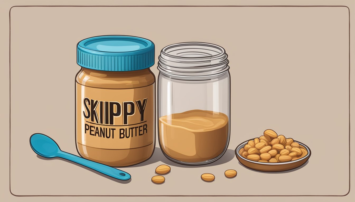 A jar of Skippy peanut butter with a measuring spoon next to it, indicating portion control