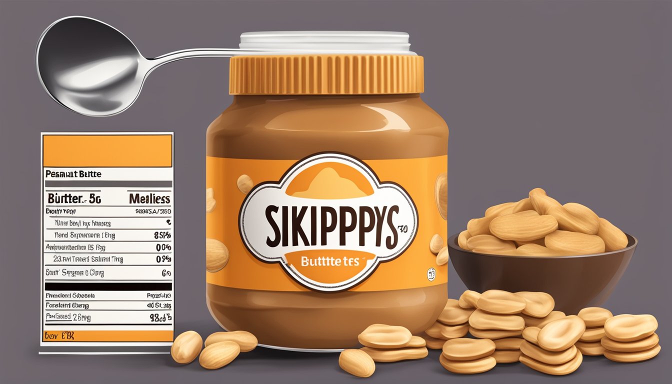 A jar of Skippy peanut butter with a measuring spoon, surrounded by various peanut butter snacks and a nutrition label