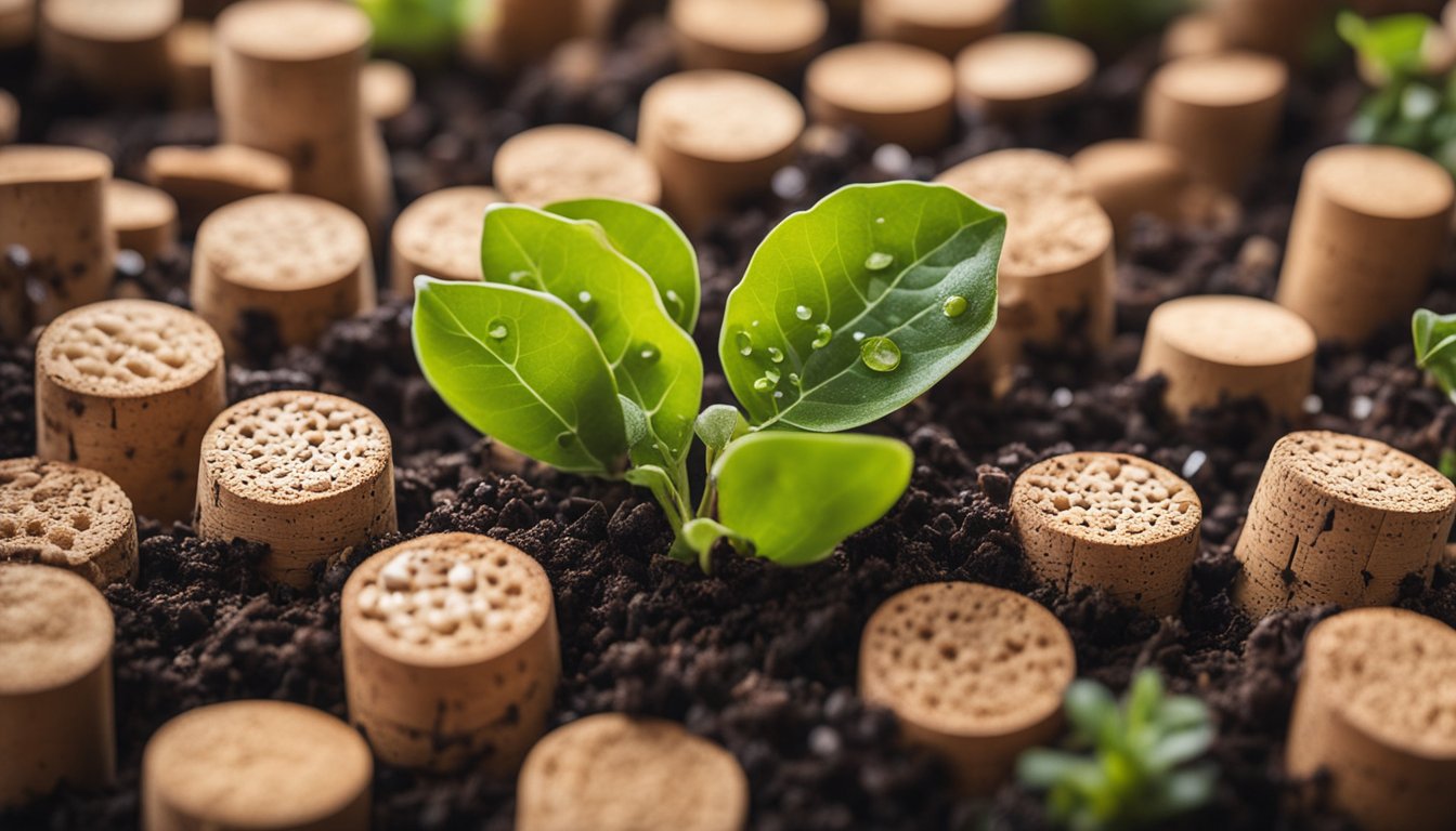 A cross-sectional view of a plant pot with wine cork mulch, showing water droplets between the cork pieces, depicting the interaction between cork, soil, and plant roots with a soft color palette