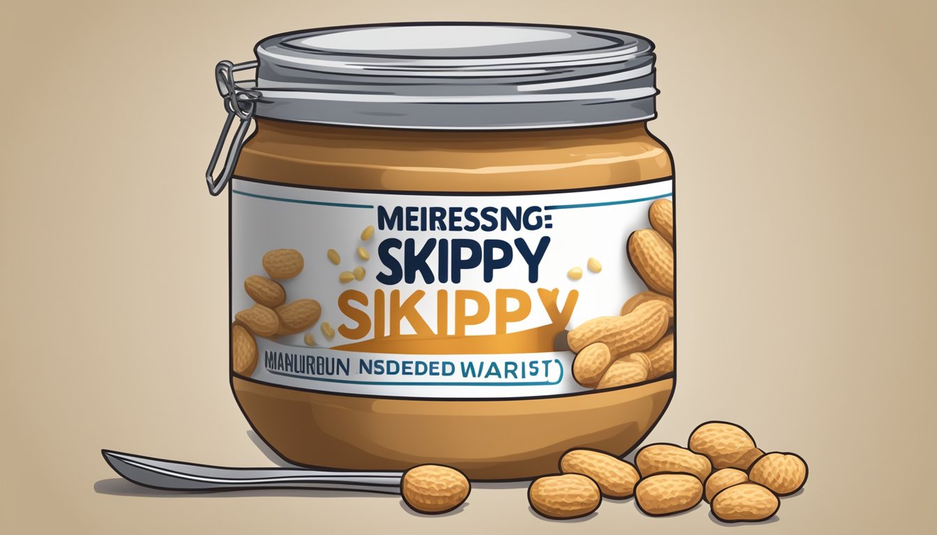 A jar of Skippy peanut butter with a measuring spoon, surrounded by peanuts and a warning label