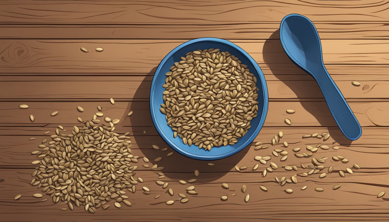 A bowl overflowing with sunflower seeds, scattered on a wooden table. A measuring cup sits nearby, indicating portion control