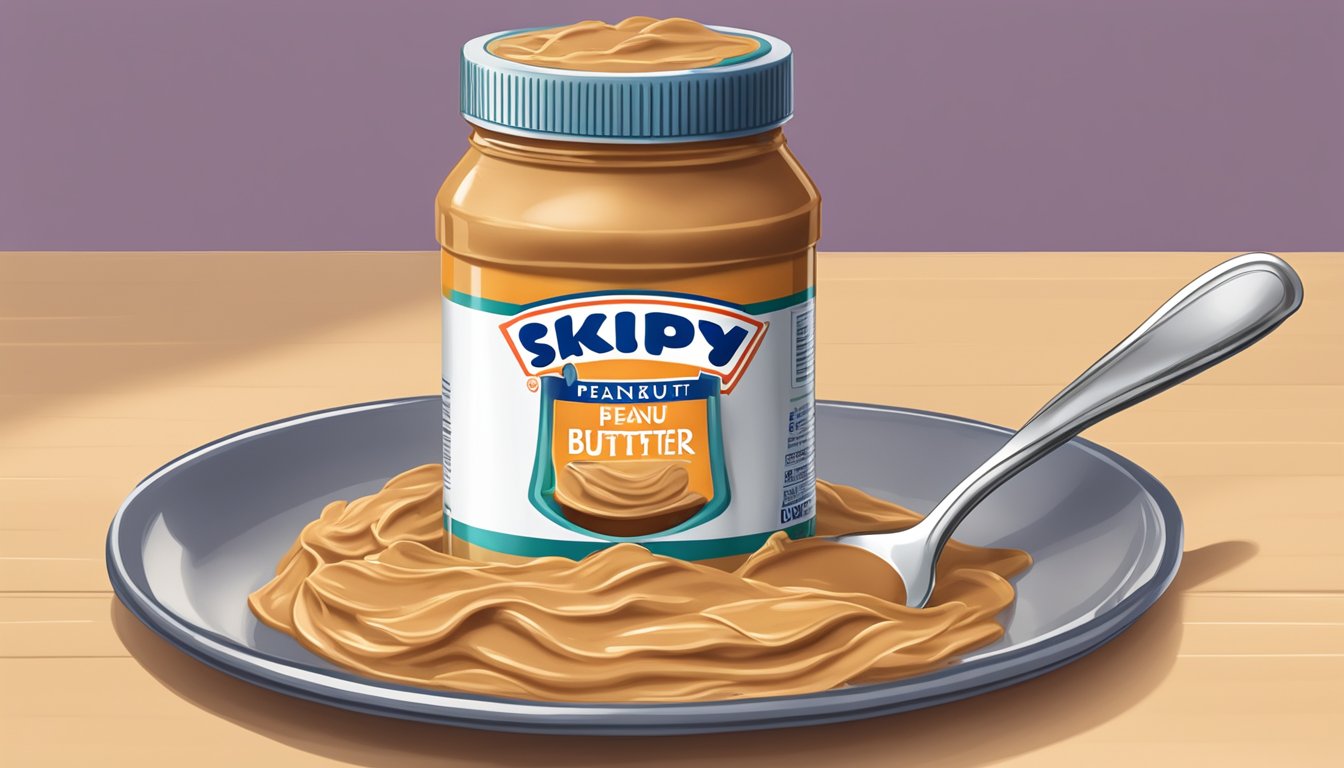 A jar of Skippy peanut butter with a large spoon scooping out a heaping amount onto a plate