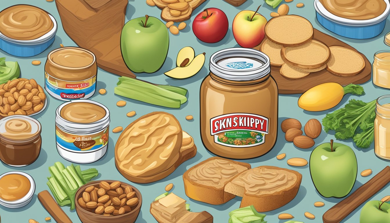 A jar of Skippy peanut butter surrounded by a variety of foods, such as bread, celery, and apple slices, indicating its place in various diets